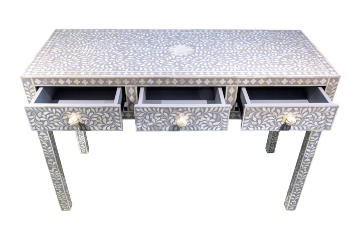 Bone Inlay 3 Drawer Hall Table or Side Table - Light Grey Floral - Abacus and Hunt LLC