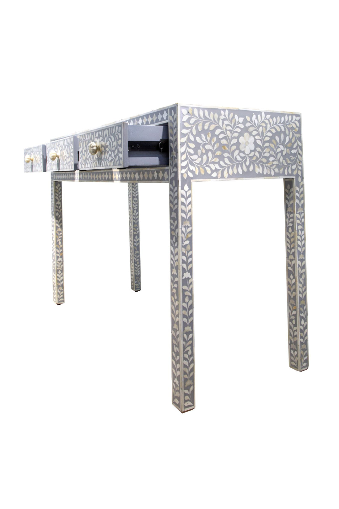 Bone Inlay 3 Drawer Hall Table or Side Table - Light Grey Floral - Abacus and Hunt LLC