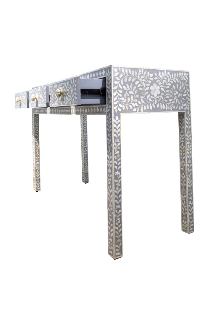 Bone Inlay 3 Drawer Hall Table or Side Table - Light Grey Floral - Abacus and Hunt LLC