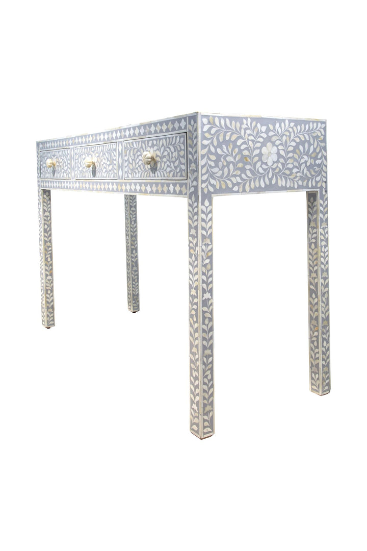 Bone Inlay 3 Drawer Hall Table or Side Table - Light Grey Floral - Abacus and Hunt LLC