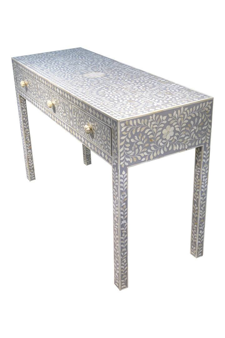 Bone Inlay 3 Drawer Hall Table or Side Table - Light Grey Floral - Abacus and Hunt LLC