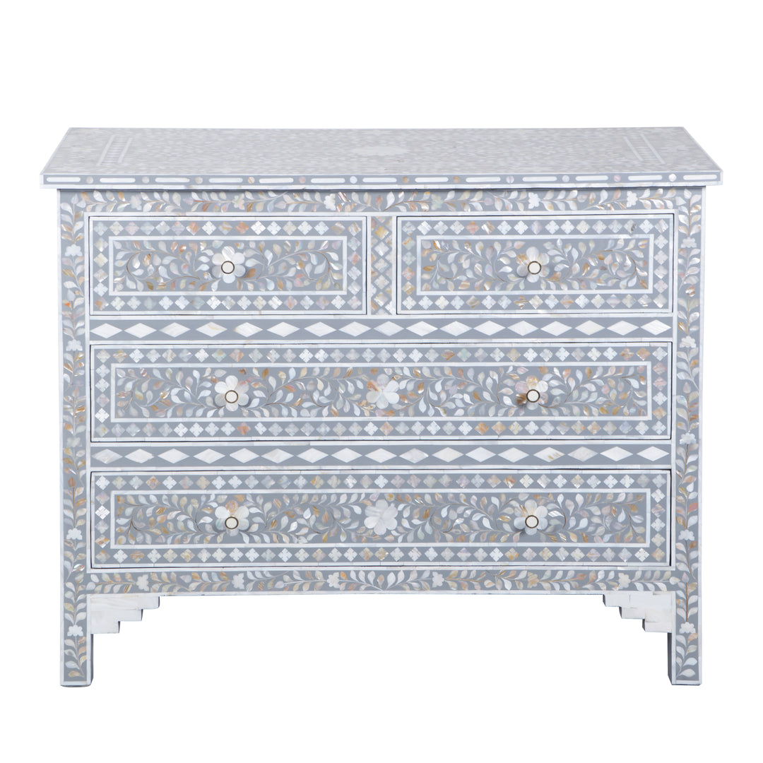 Mother of Pearl Inlay 4 Drawer Dresser - Grey Floral