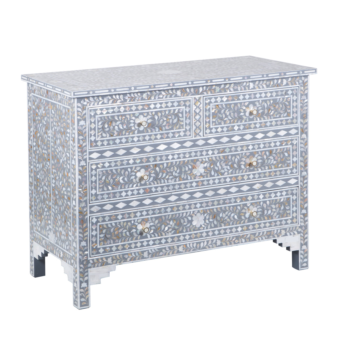 Mother of Pearl Inlay 4 Drawer Dresser - Grey Floral