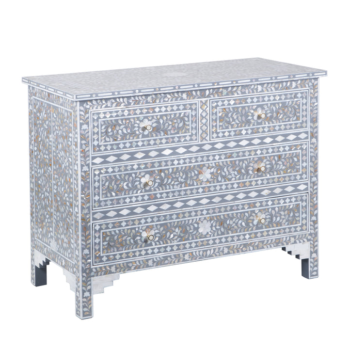 Mother of Pearl Inlay 4 Drawer Dresser - Grey Floral