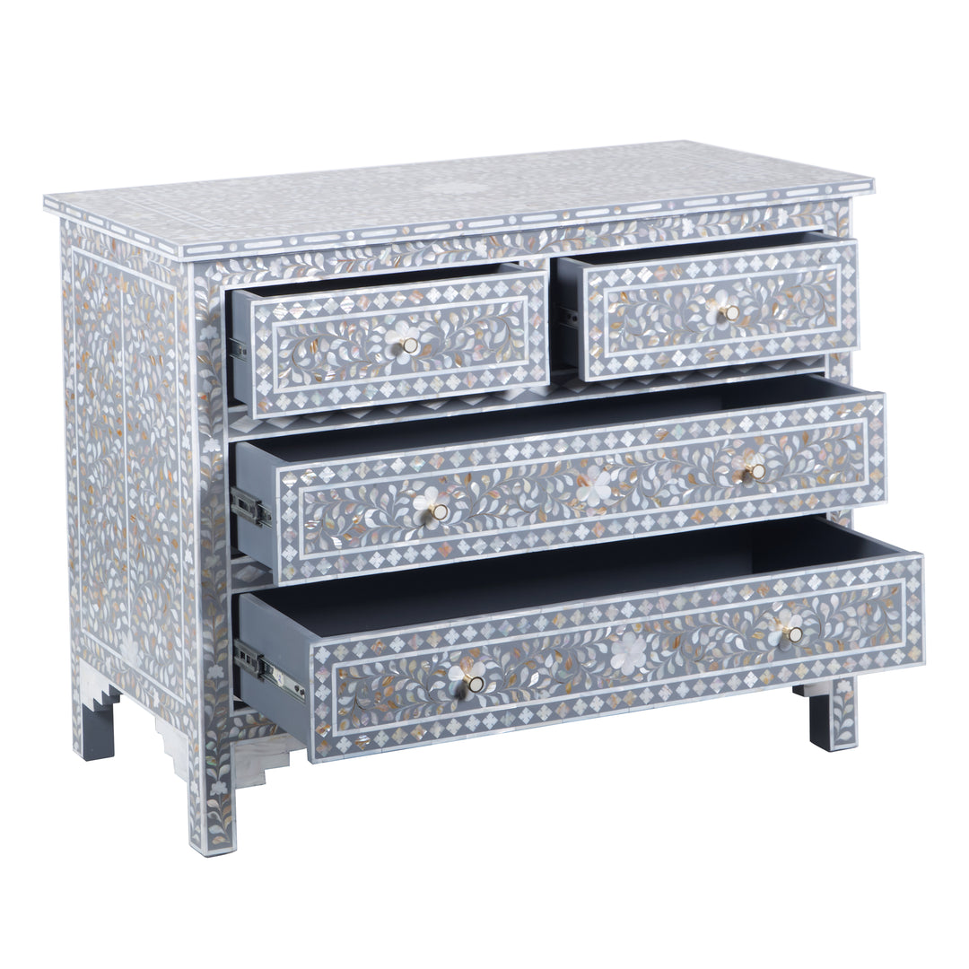 Mother of Pearl Inlay 4 Drawer Dresser - Grey Floral