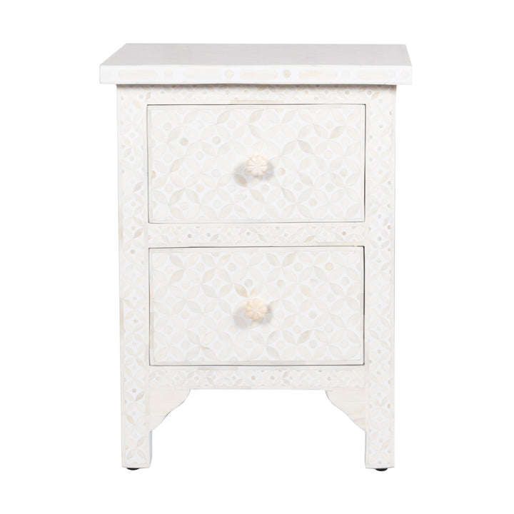 Bone Inlay Bedside Table with 2 Drawers -  White Geometric - Abacus and Hunt LLC