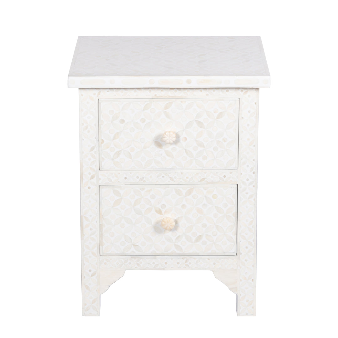 Bone Inlay Bedside Table with 2 Drawers -  White Geometric - Abacus and Hunt LLC