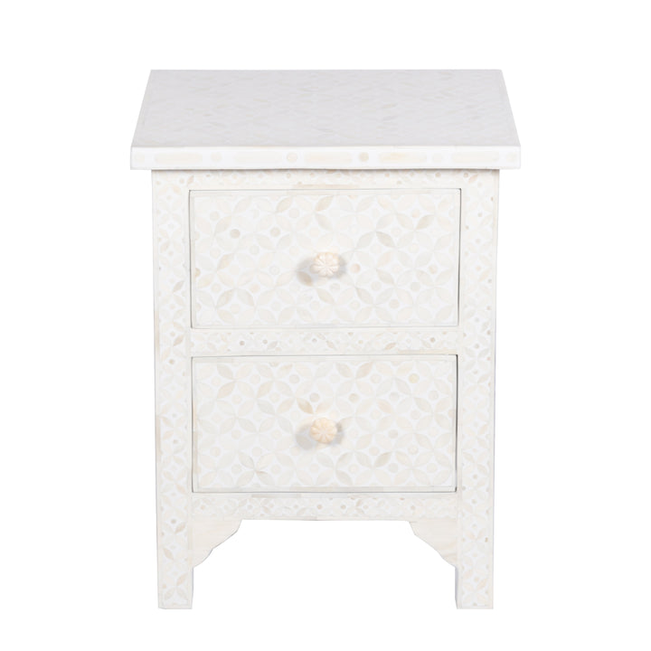 Bone Inlay Bedside Table with 2 Drawers -  White Geometric - Abacus and Hunt LLC