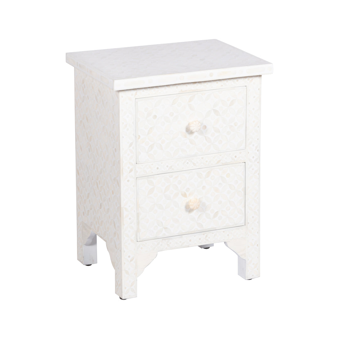 Bone Inlay Bedside Table with 2 Drawers -  White Geometric - Abacus and Hunt LLC