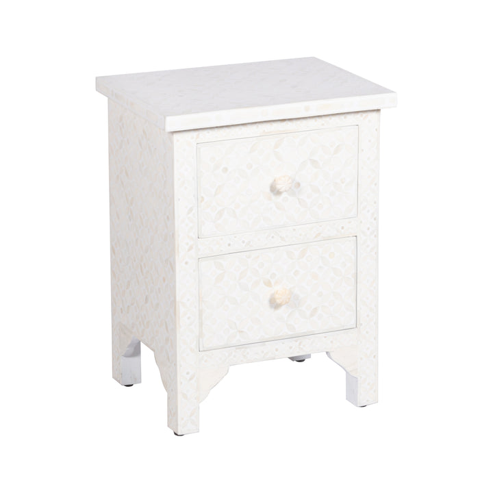 Bone Inlay Bedside Table with 2 Drawers -  White Geometric - Abacus and Hunt LLC