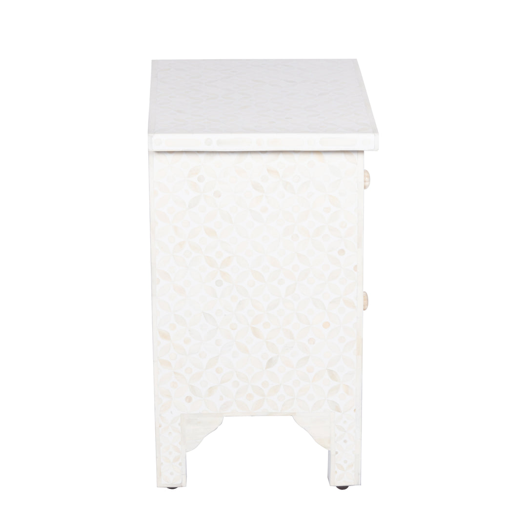 Bone Inlay Bedside Table with 2 Drawers -  White Geometric - Abacus and Hunt LLC