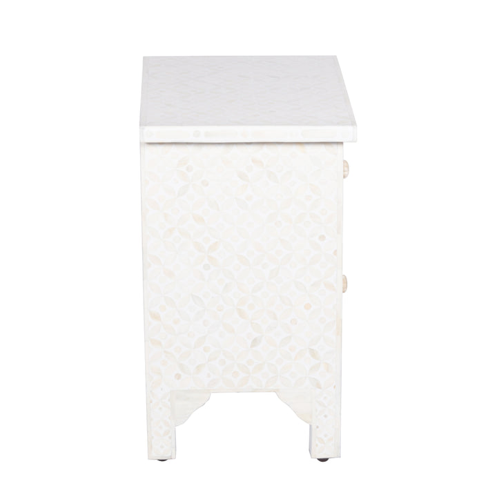 Bone Inlay Bedside Table with 2 Drawers -  White Geometric - Abacus and Hunt LLC