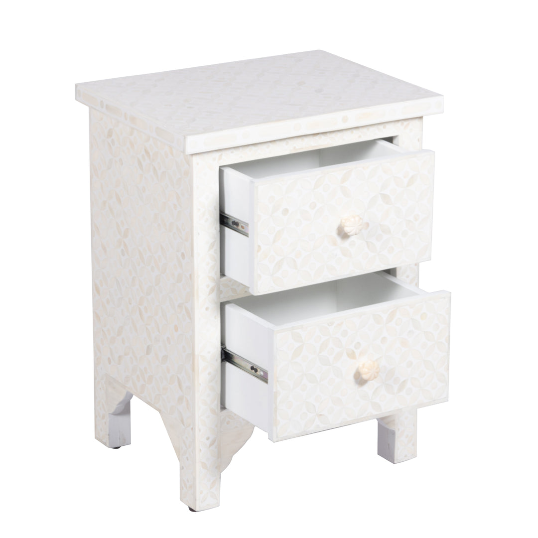 Bone Inlay Bedside Table with 2 Drawers -  White Geometric - Abacus and Hunt LLC