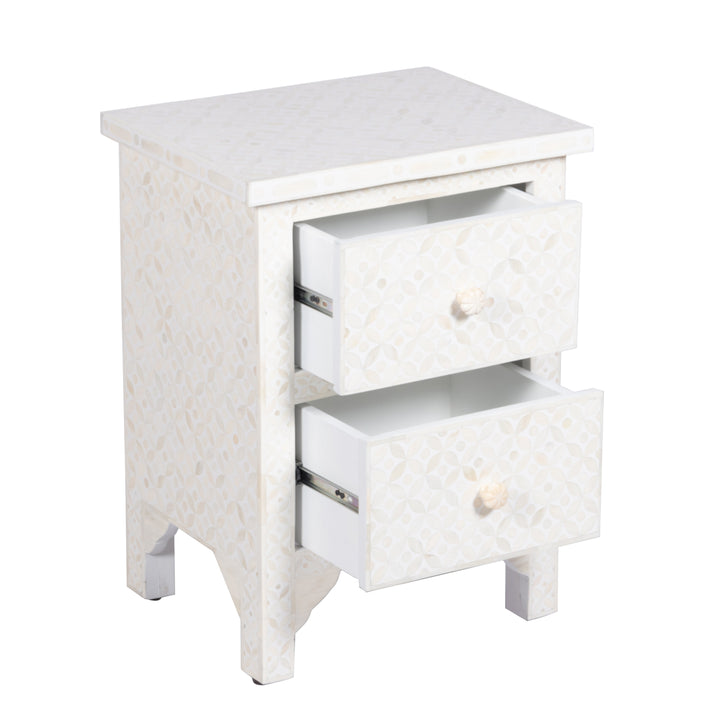 Bone Inlay Bedside Table with 2 Drawers -  White Geometric - Abacus and Hunt LLC