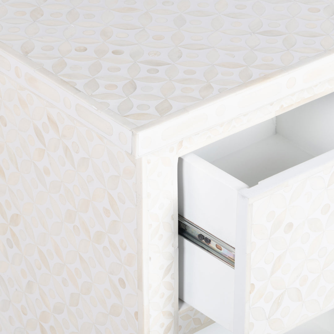 Bone Inlay Bedside Table with 2 Drawers -  White Geometric - Abacus and Hunt LLC