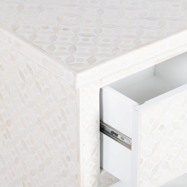 Bone Inlay Bedside Table with 2 Drawers -  White Geometric - Abacus and Hunt LLC