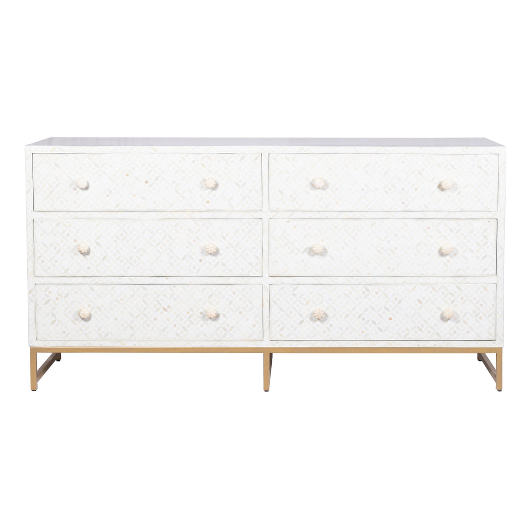 Bone Inlay 6 Drawer Dresser - White Geometric Abacus and Hunt Bone Inlay 6 Drawer Dresser - White Geometric Abacus and Hunt
