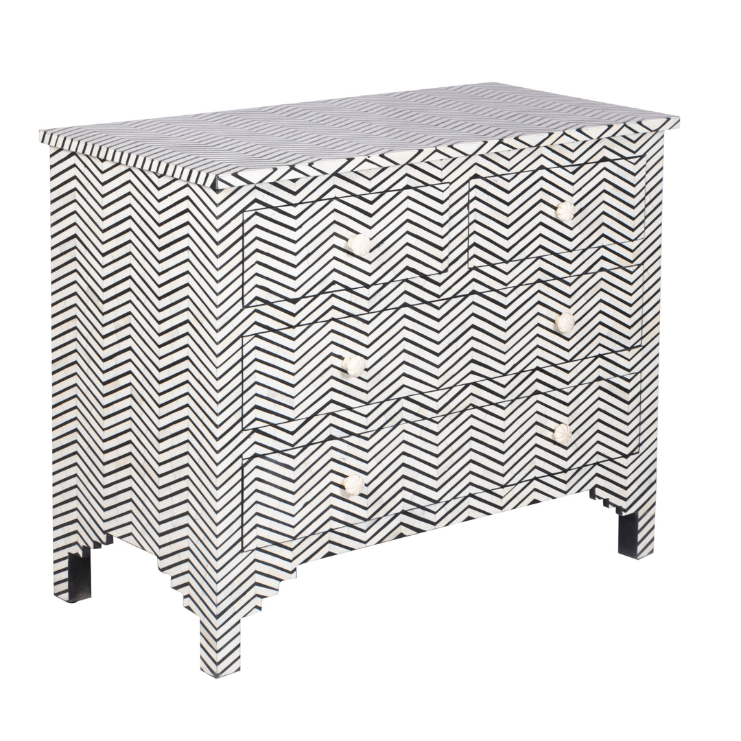 Bone Inlay 4 Drawer Chest of Drawers - Black Thin Zig Zag - Abacus and Hunt LLC
