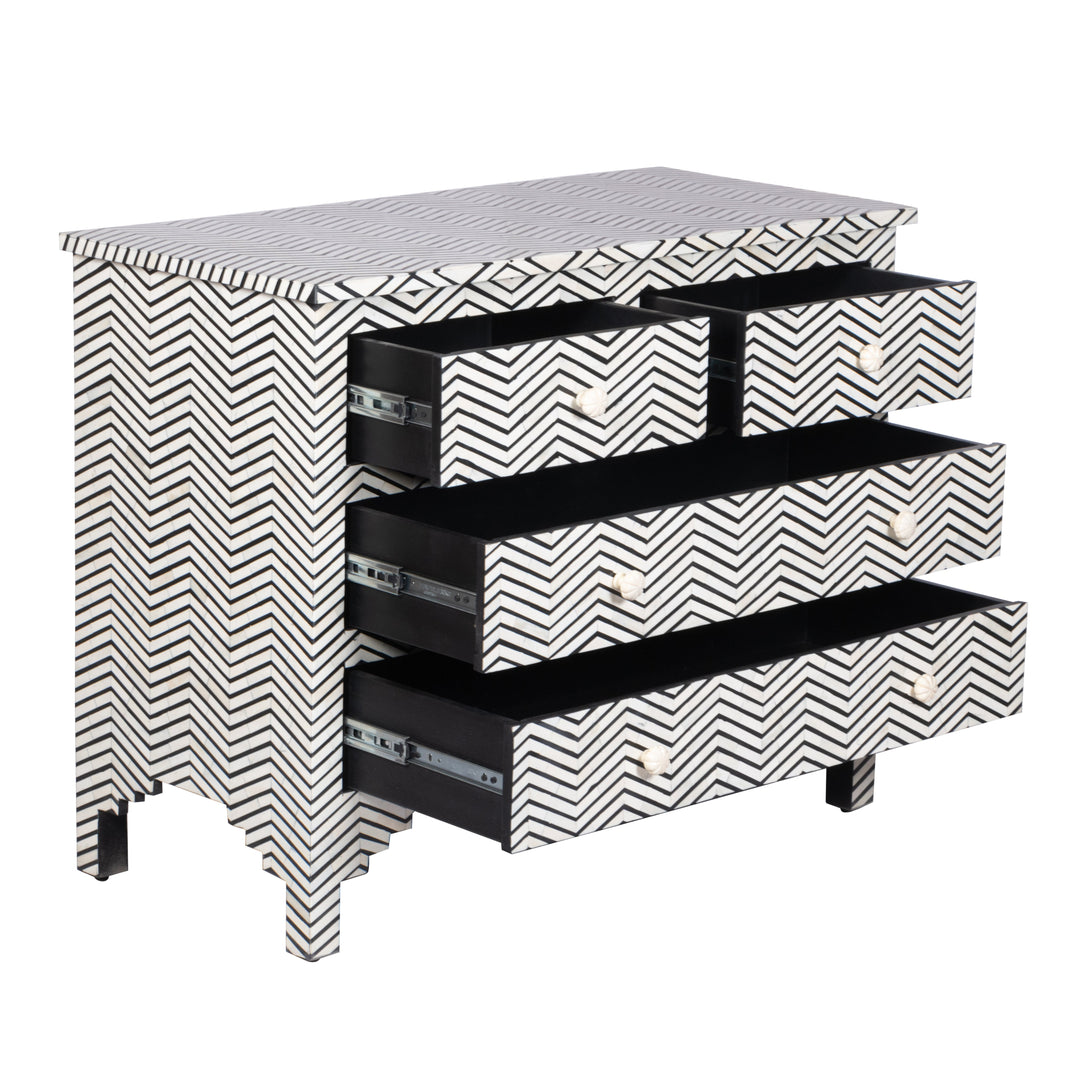 Bone Inlay 4 Drawer Chest of Drawers - Black Thin Zig Zag - Abacus and Hunt LLC