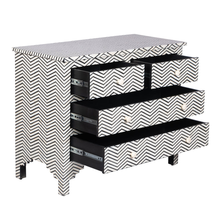 Bone Inlay 4 Drawer Chest of Drawers - Black Thin Zig Zag - Abacus and Hunt LLC