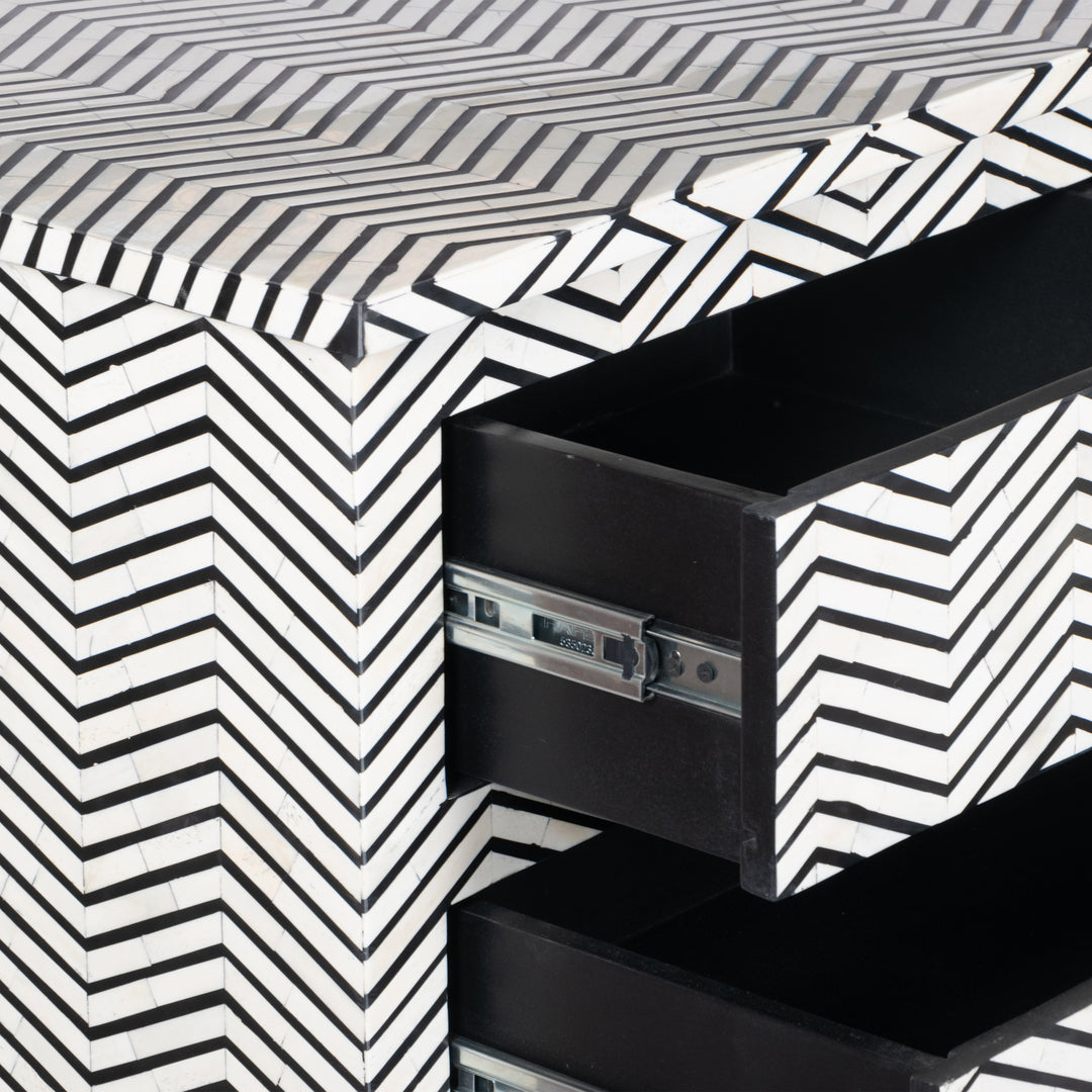Bone Inlay 4 Drawer Chest of Drawers - Black Thin Zig Zag - Abacus and Hunt LLC