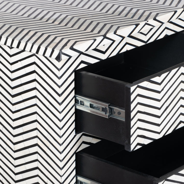 Bone Inlay 4 Drawer Chest of Drawers - Black Thin Zig Zag - Abacus and Hunt LLC