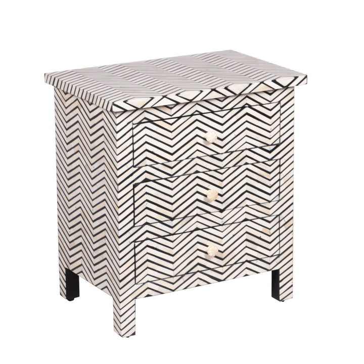 Bone Inlay Large 3 Drawer Bedside - Thin Zig Zag - Abacus and Hunt LLC