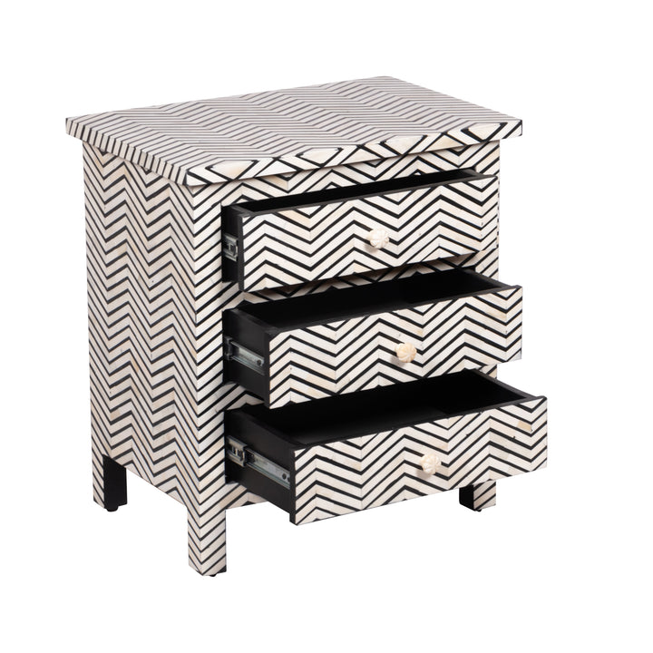 Bone Inlay Large 3 Drawer Bedside - Thin Zig Zag - Abacus and Hunt LLC