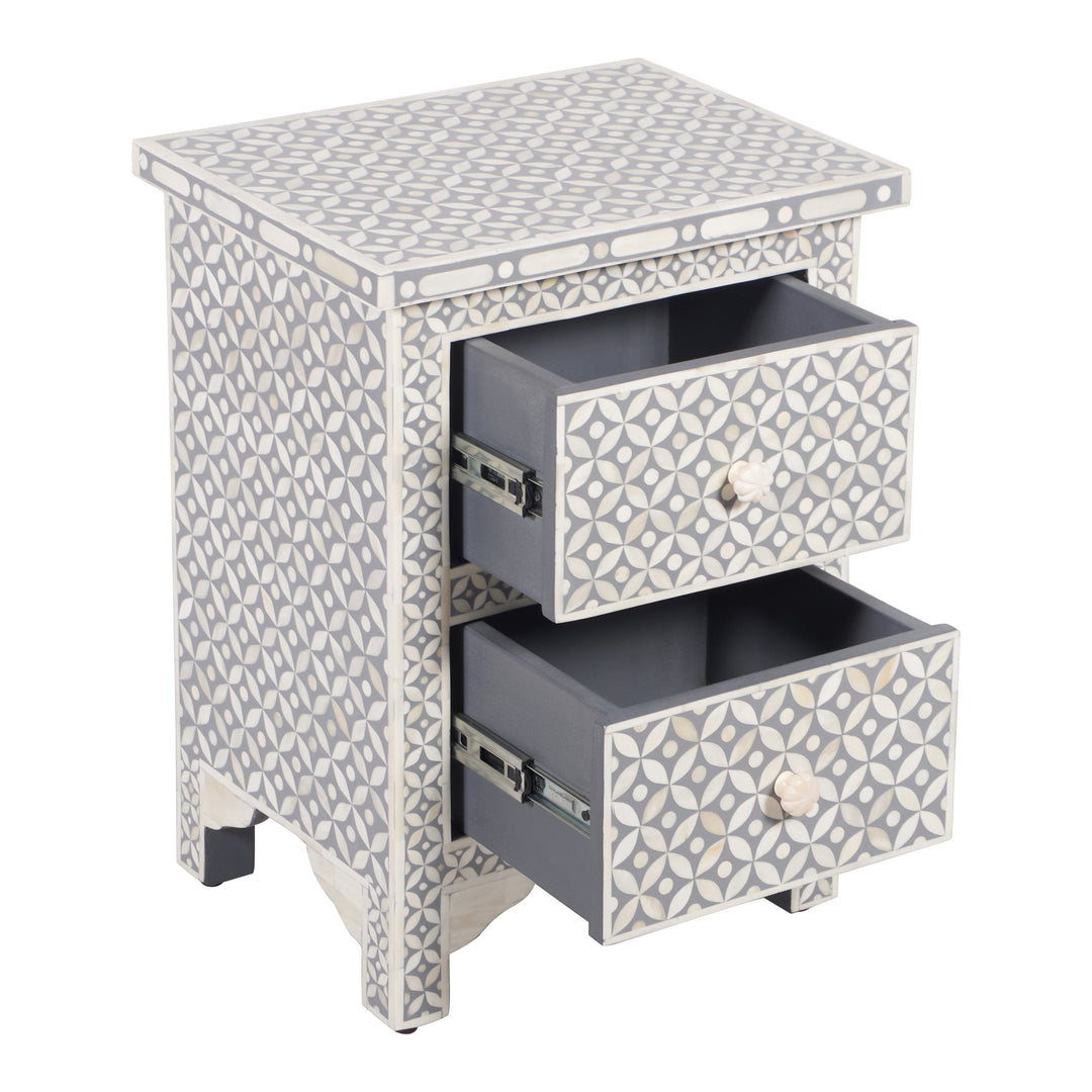 Bone Inlay Bedside, 2 Drawer Geometric Grey - Abacus and Hunt LLC