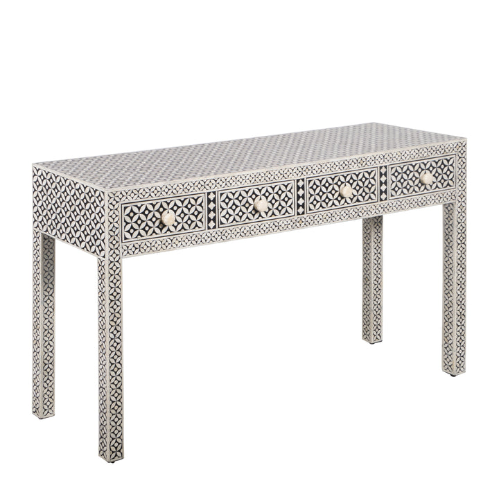 Bone Inlay 4 Drawer Hall Table or Side Table - Black Geometric - Abacus and Hunt LLC
