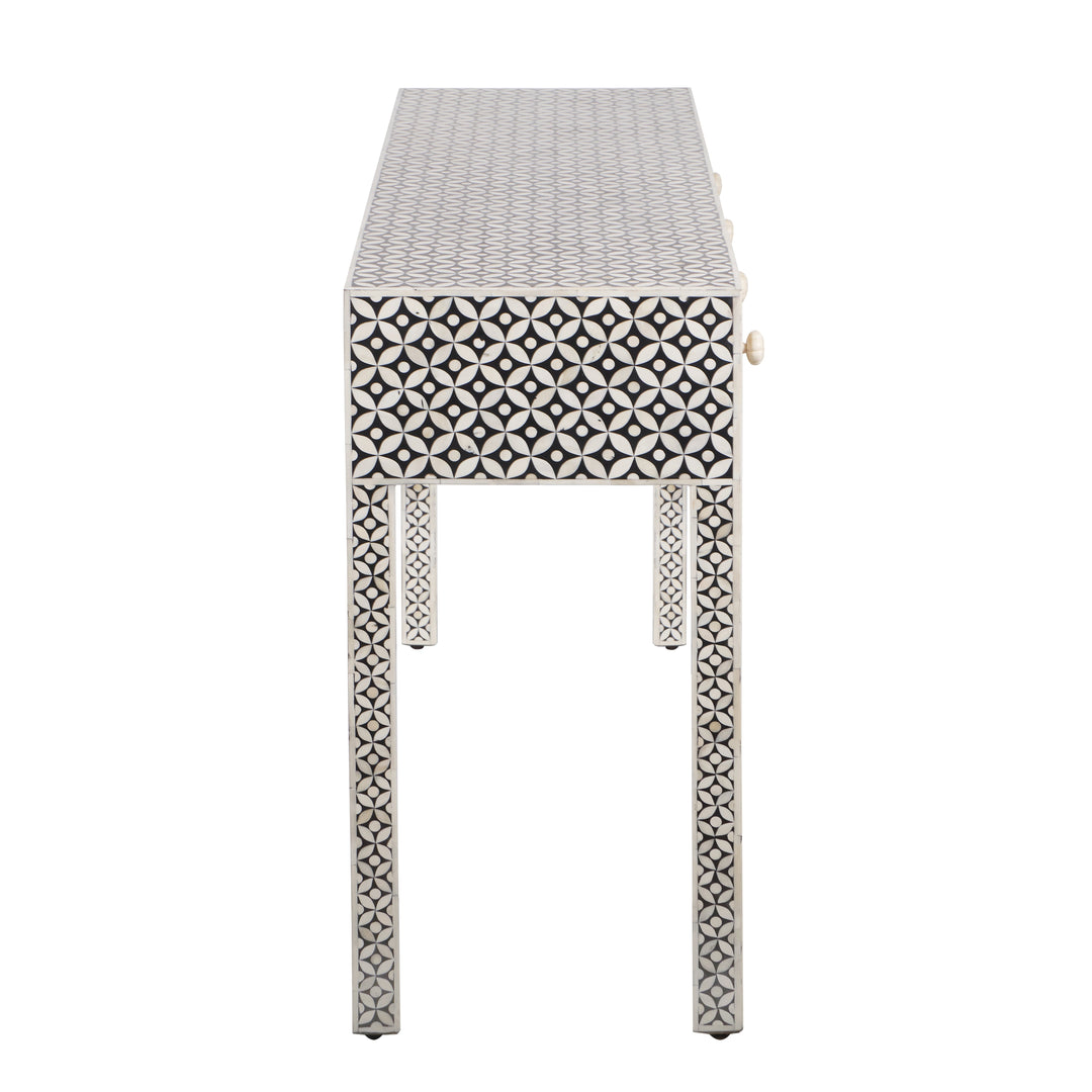 Bone Inlay 4 Drawer Hall Table or Side Table - Black Geometric - Abacus and Hunt LLC