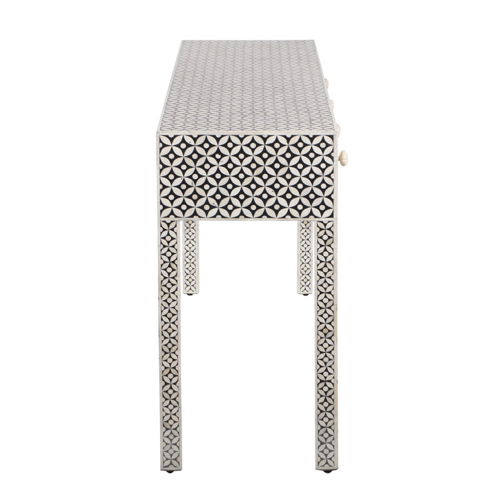 Bone Inlay 4 Drawer Hall Table or Side Table - Black Geometric - Abacus and Hunt LLC