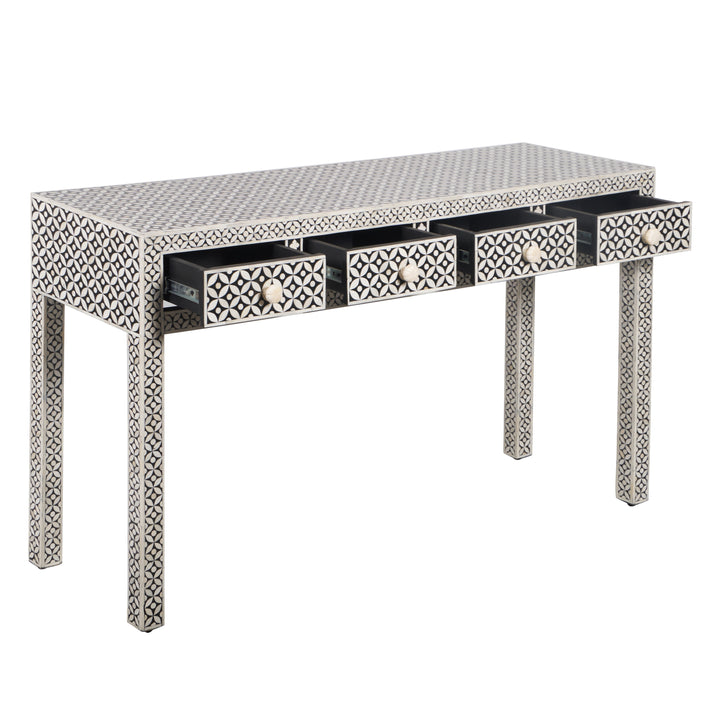 Bone Inlay 4 Drawer Hall Table or Side Table - Black Geometric - Abacus and Hunt LLC