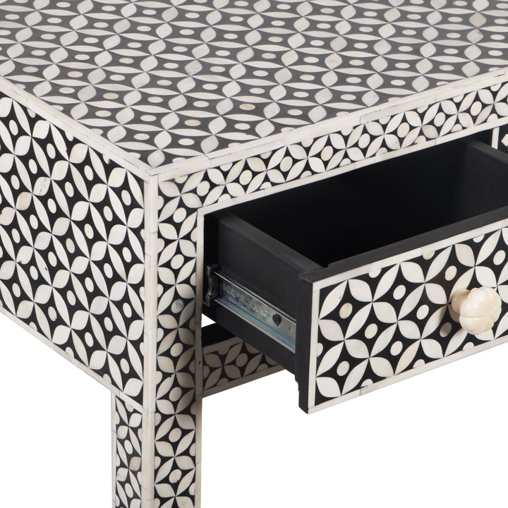 Bone Inlay 4 Drawer Hall Table or Side Table - Black Geometric - Abacus and Hunt LLC
