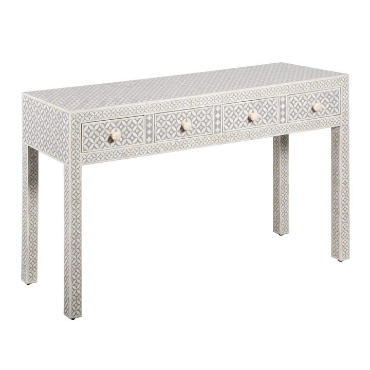 Bone Inlay 4 Drawer Hall Table or Side Table - Grey Geometric - Abacus and Hunt LLC