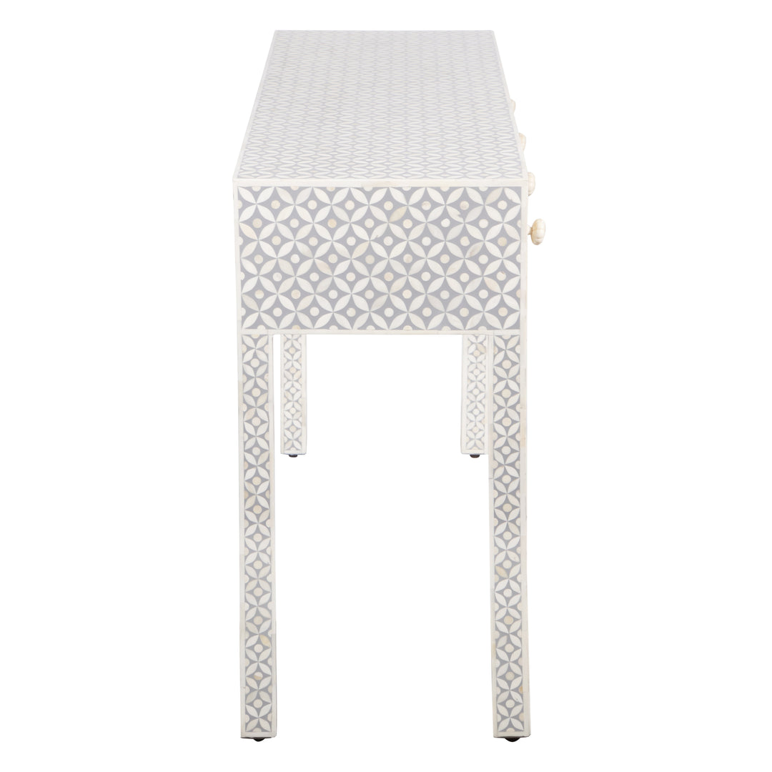 Bone Inlay 4 Drawer Hall Table or Side Table - Grey Geometric - Abacus and Hunt LLC