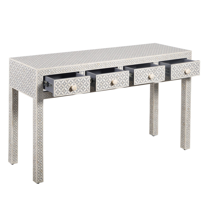 Bone Inlay 4 Drawer Hall Table or Side Table - Grey Geometric - Abacus and Hunt LLC