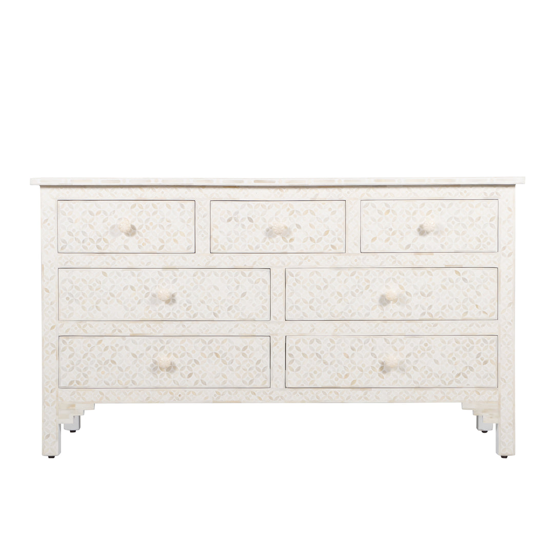 Bone Inlay 7 Drawer Dresser - White Geometric Abacus and Hunt Bone Inlay 7 Drawer Dresser - White Geometric Abacus and Hunt