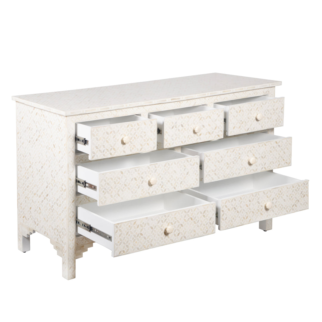 Bone Inlay 7 Drawer Dresser - White Geometric Abacus and Hunt Bone Inlay 7 Drawer Dresser - White Geometric Abacus and Hunt