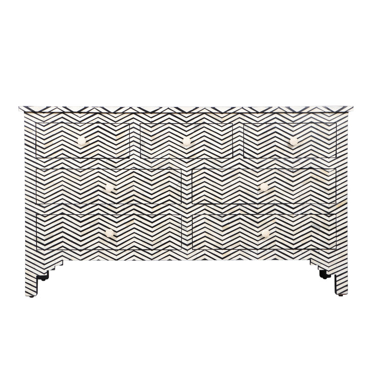 Bone Inlay 7 Drawer Chest of Drawers - Black thin Zig Zag - Abacus and Hunt LLC
