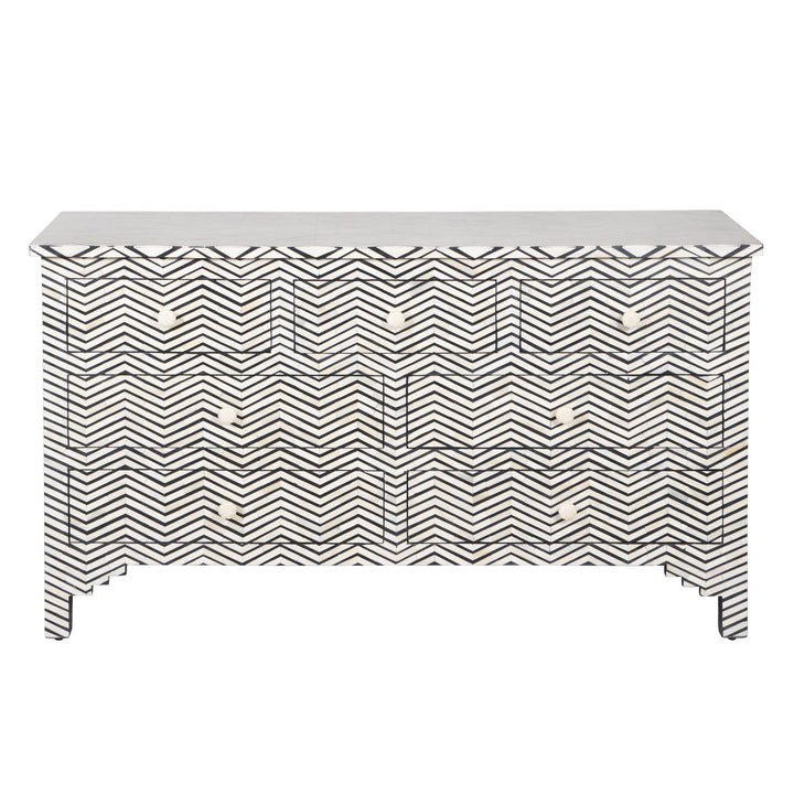 Bone Inlay 7 Drawer Chest of Drawers - Black thin Zig Zag - Abacus and Hunt LLC