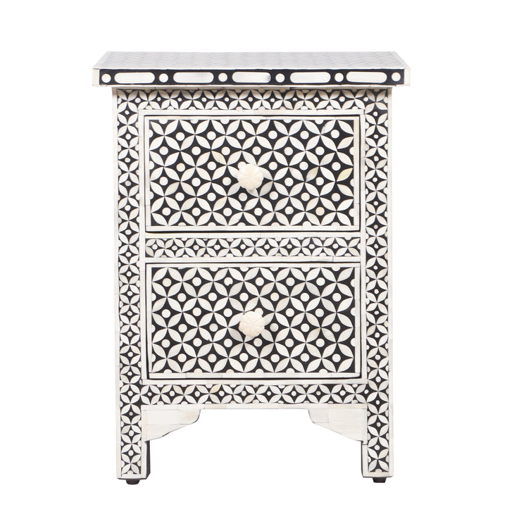 Bone Inlay Bedside, with 2 Drawers - Black Geometric - Abacus and Hunt LLC