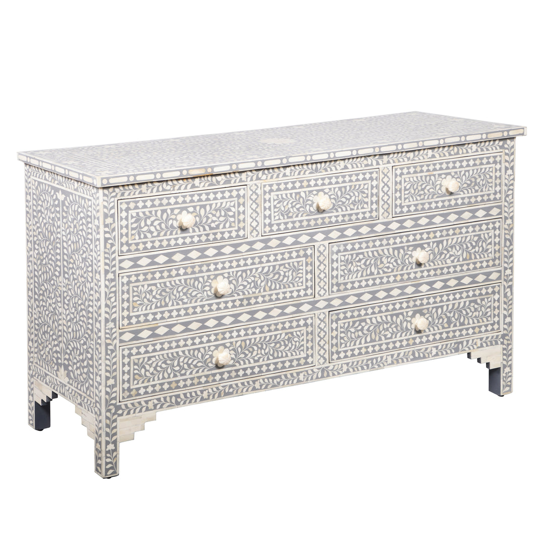 Bone Inlay 7 Drawer Chest of Drawers - Light Grey, Floral - Abacus and Hunt LLC