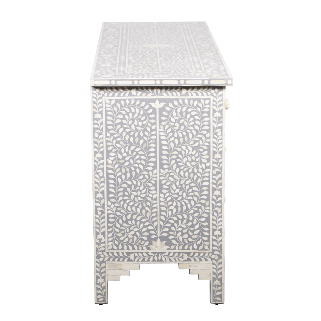 Bone Inlay 7 Drawer Chest of Drawers - Light Grey, Floral - Abacus and Hunt LLC