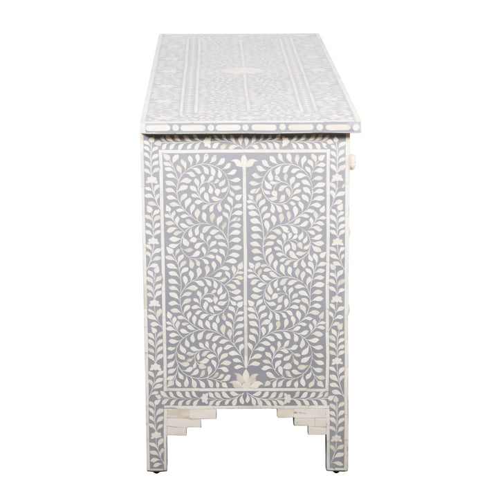 Bone Inlay 7 Drawer Chest of Drawers - Light Grey, Floral - Abacus and Hunt LLC