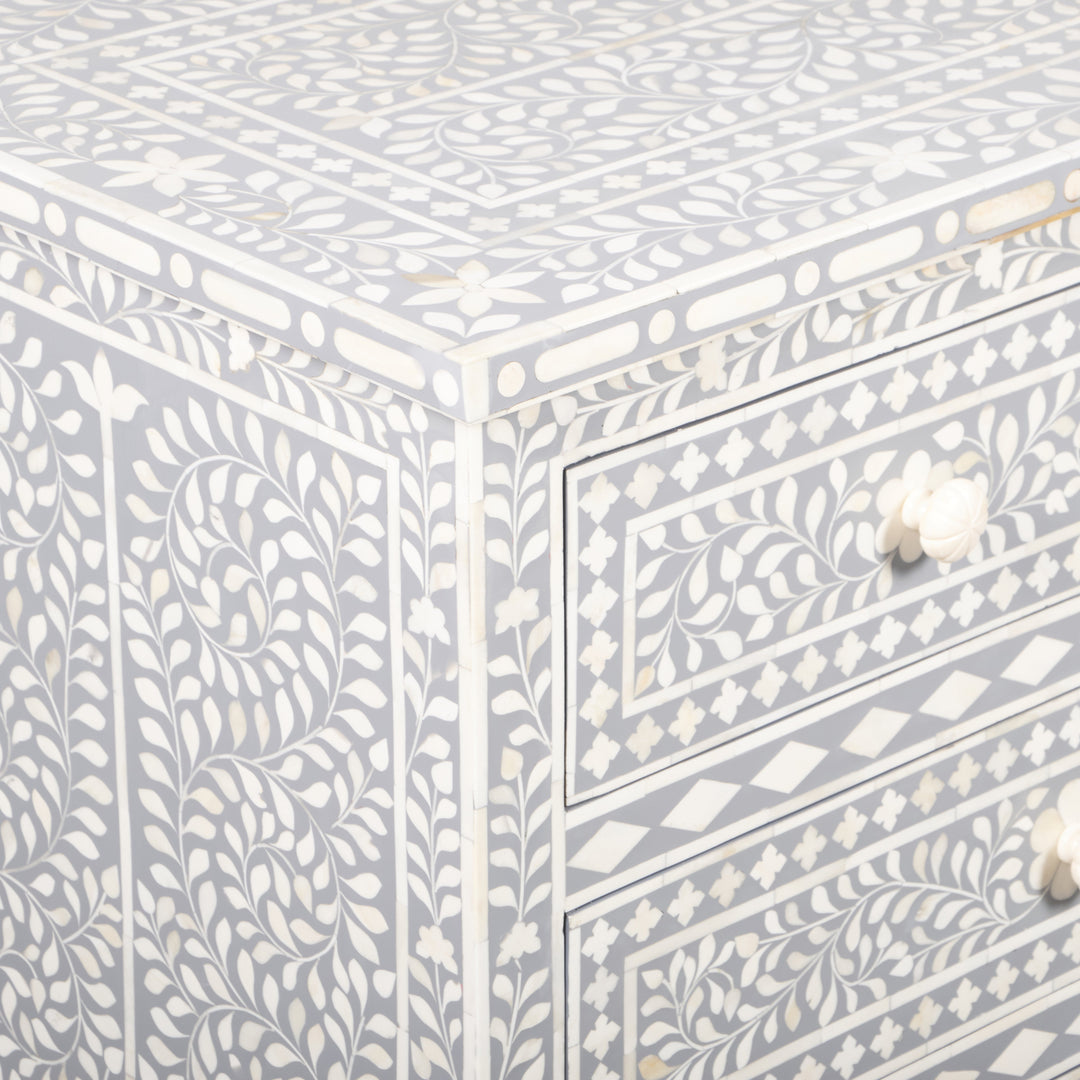 Bone Inlay 7 Drawer Chest of Drawers - Light Grey, Floral - Abacus and Hunt LLC