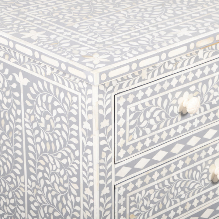 Bone Inlay 7 Drawer Chest of Drawers - Light Grey, Floral - Abacus and Hunt LLC
