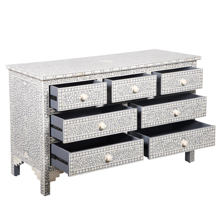 Bone Inlay 7 Drawer Chest of Drawers - Light Grey, Floral - Abacus and Hunt LLC