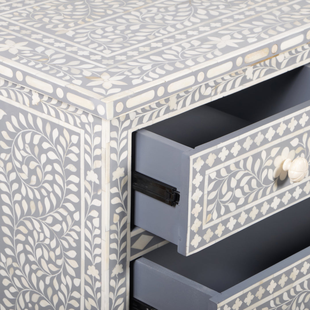 grey bone inlay dresser Bone Inlay Floral 3 Drawer Dresser in Dove Grey Resin with Metal Sliders, Customizable