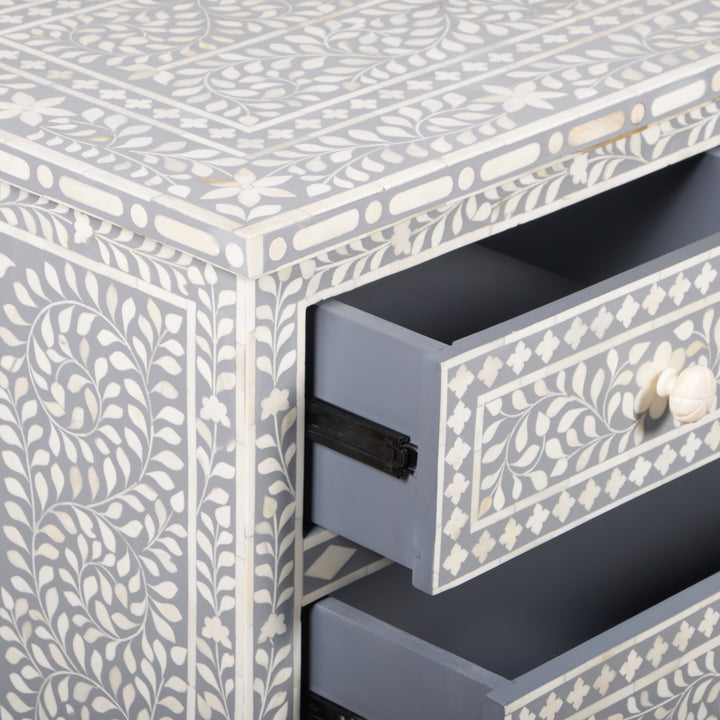 Bone Inlay 7 Drawer Chest of Drawers - Light Grey, Floral - Abacus and Hunt LLC
